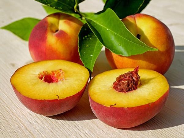 Pfirsische ganz halb auf Tisch